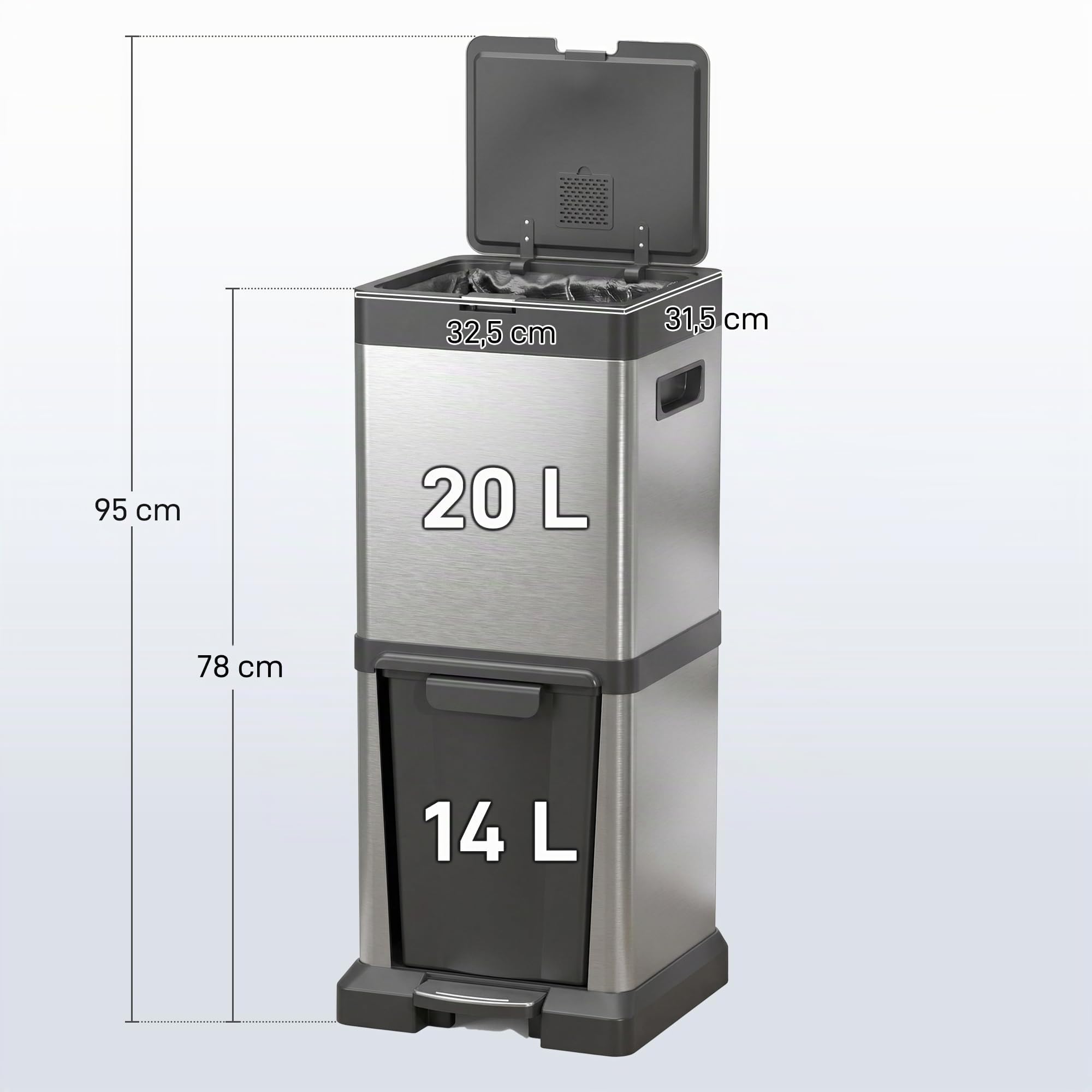 HOMCOM Mülleimer 20+14L 2 Fächer Deckel Fußpedal Silber 32,5x31,5x78 cm | Abfalleimer, Kippfach, Herausnehmbare Inneneimer, Soft-Close-Funktion, Edelstahl, Wohnzimmer Büro