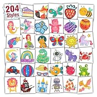 Partywind 204 Glitter Styles Individually Wrapped Sheets Kids Fake Tattoos, Birthday Surprise for Boys and Girls Party Supplies Favors, Waterproof Tattoo Stickers for Goodie Bag Stuffers