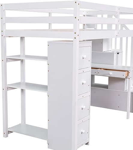 Miniatura 8 de Hlcodca Multipurpose Loft Bed with Under-Bed Desk and DrawersWooden Twin Size Loft Bed with Storage Shelves and Stairsfor Kids Boys Girls Teens