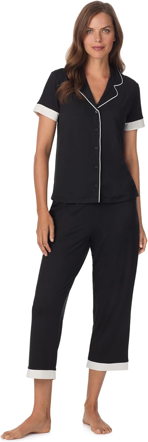 Anne Klein Womens Short Sleeve Button Down Pajama Top & Capri Pant Set - Soft Sweater Knit - Matching Sleepwear & Loungewear