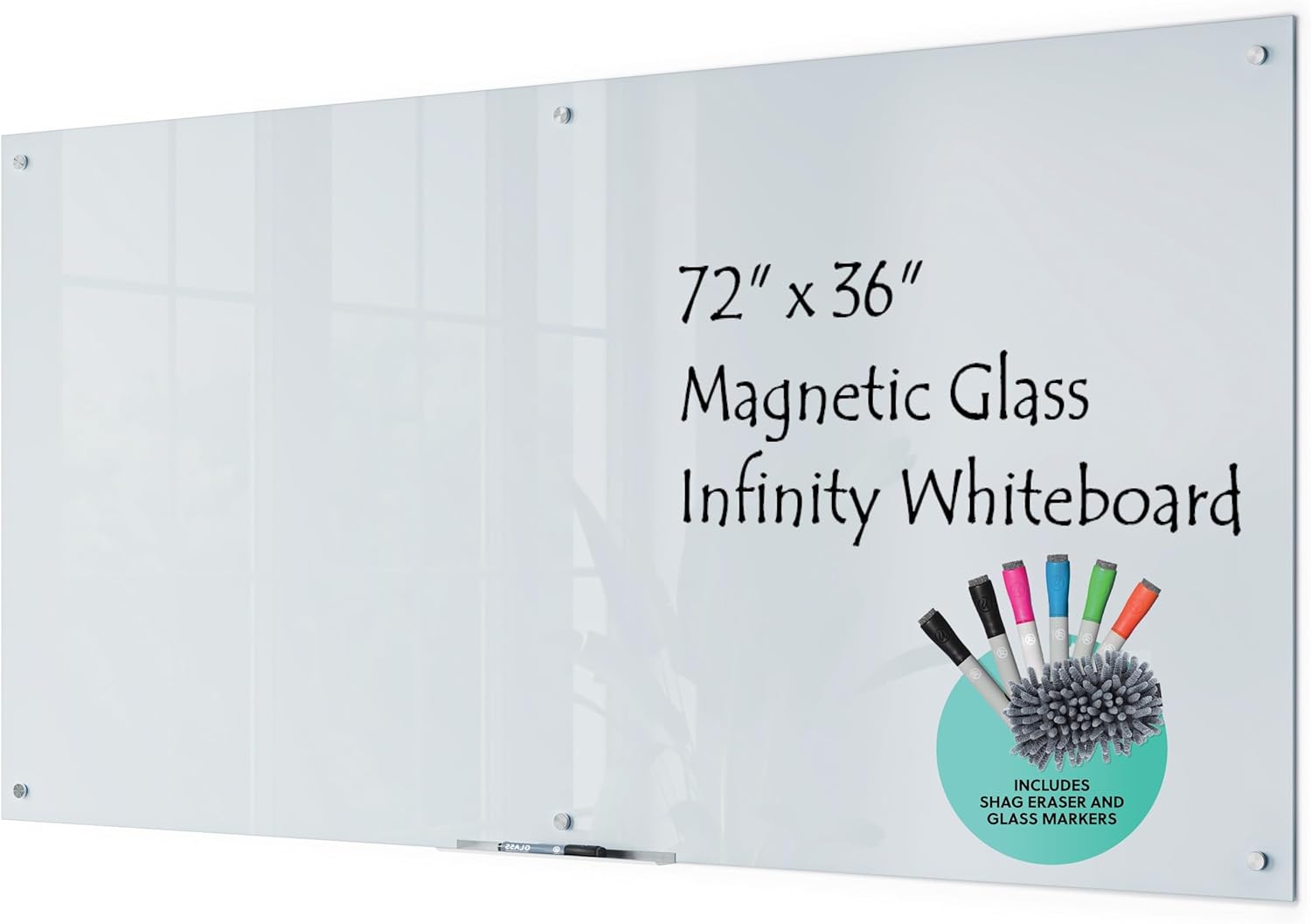 U Brands Magnetic Glass Floating Dry Erase Board, Includes Shag Eraser, 4 Markers, and 1 Magnet, 72 X 36, White (3973U00-01)