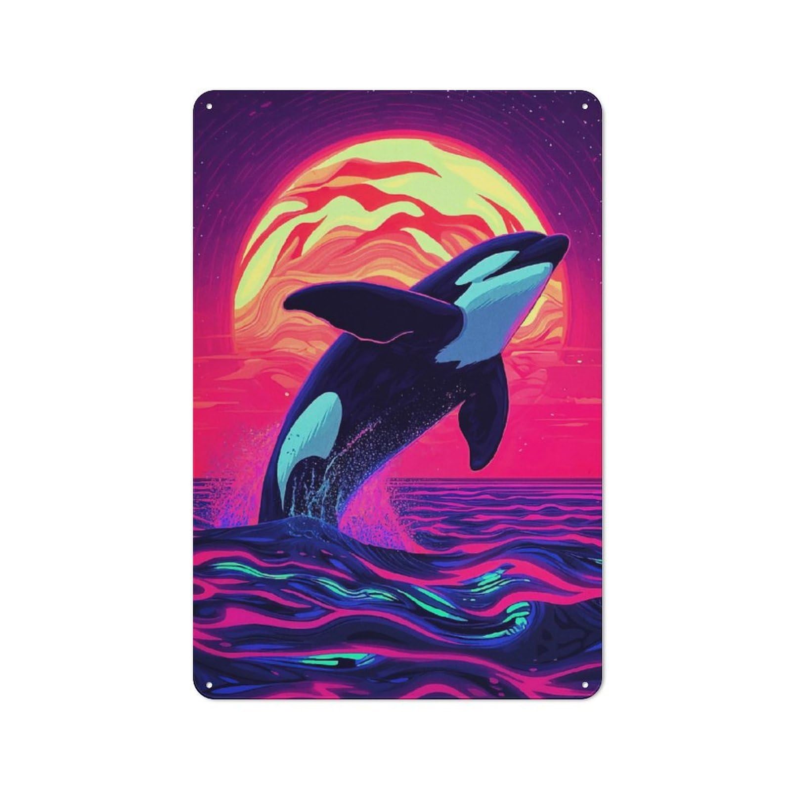 Junmoney Orca Leaping Neon Sunset Retro Metal Sign With Design 30X20cm, Nostalgic Vintage Wall Decor For Kitchen, Hallway, Bar Or Small Cafe