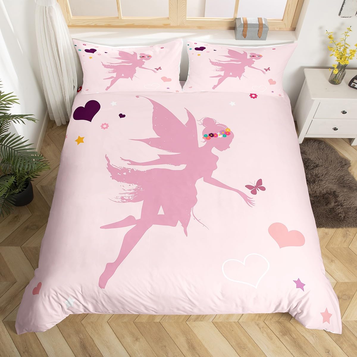 Homewish Fairy Girl Super King Duvet Cover Set Butterfly Fairy Toddler Bedding Set for Kids Girls, Aesthetic Flowers Hearts Pattern Quilt Cover Cute Pink Bed Sets, Sweet Princess Bedroom Decor โ image 1