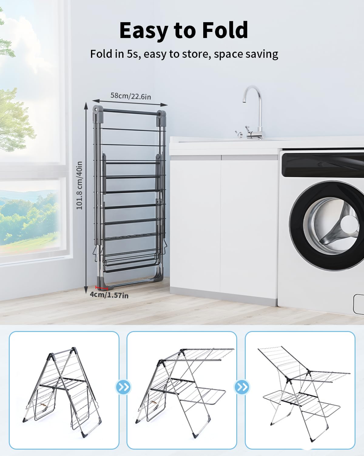 Innotic Stendino verticale, stendibiancheria pieghevole, stendini salvaspazio resistente, carico 35 kg, richiudibile, portatile, stendipanni per balcone interno esterno, 142×58×88, grigio