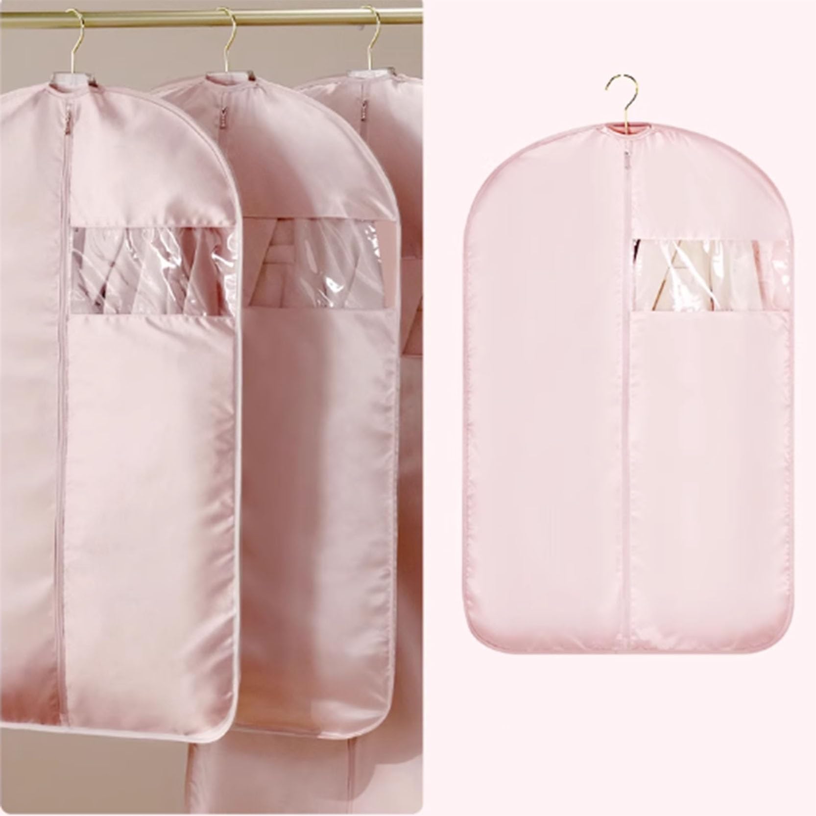 Confezione da 2 custodie porta abiti in raso, Copriabiti lunghi da 90/110/130 cm con cerniera, Copriabiti traspiranti, per giacche, cappotti, abiti, camicie(Pink,58x130cm)