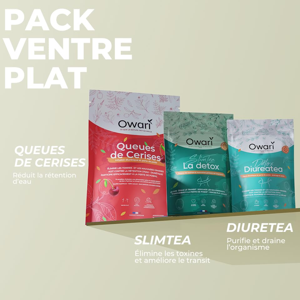 OWARI Pack Ventre Plat - 1x Diuretea, 1x Slim Tea, 1x Queue de Cerises - Pack de Tisane Drainante pour Réduire la Retention d'Eau - Tisane Perte de Poids et Transit Intestinal - 3x 100 g