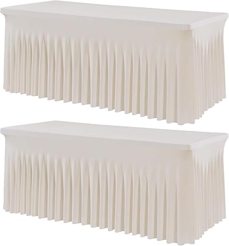 Paquete de 2 manteles de elastano marfil para mesas rectangulares de 6 pies, manteles elásticos de 6 pies, falda de escritorio ajustable para