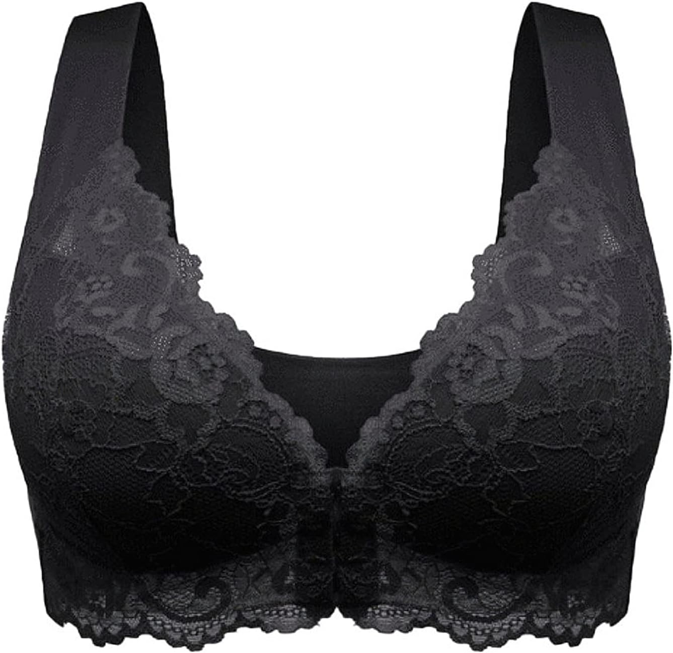 Bra, 5D Shaping Wireless Seamless Front Closure Elastic Push Up Comfort Bras, Sexy Lace Beauty Back Soft Breathable Correction Bra - Removable Pads (Black,M)