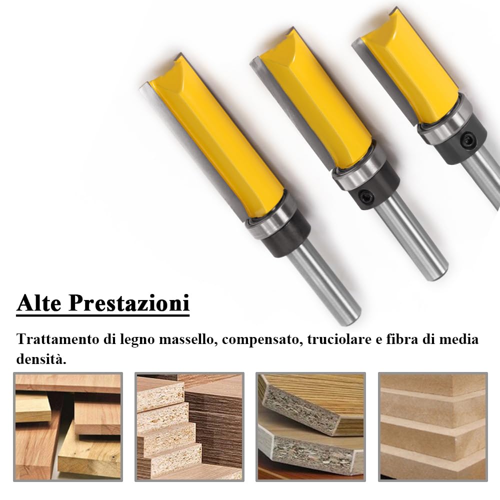 Mesee 3Pcs Fresa a Taglienti Diritti per Rifilare con Cuscinetto, 8mm Gambo Frese per Rifilare Punte Fresa a Copiare Frese per Scanalatura Doppia per Tagliare il Legno