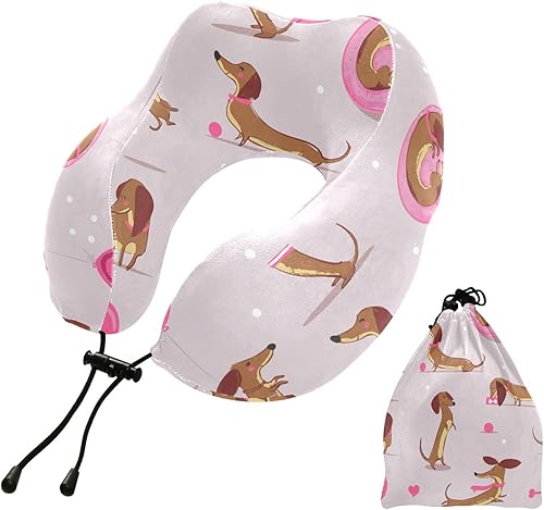 Sinestour Almohada de cuello de viaje con diseño de perro salchicha de dibujos animados, almohada de espuma viscoelástica para el cuello con bolsa