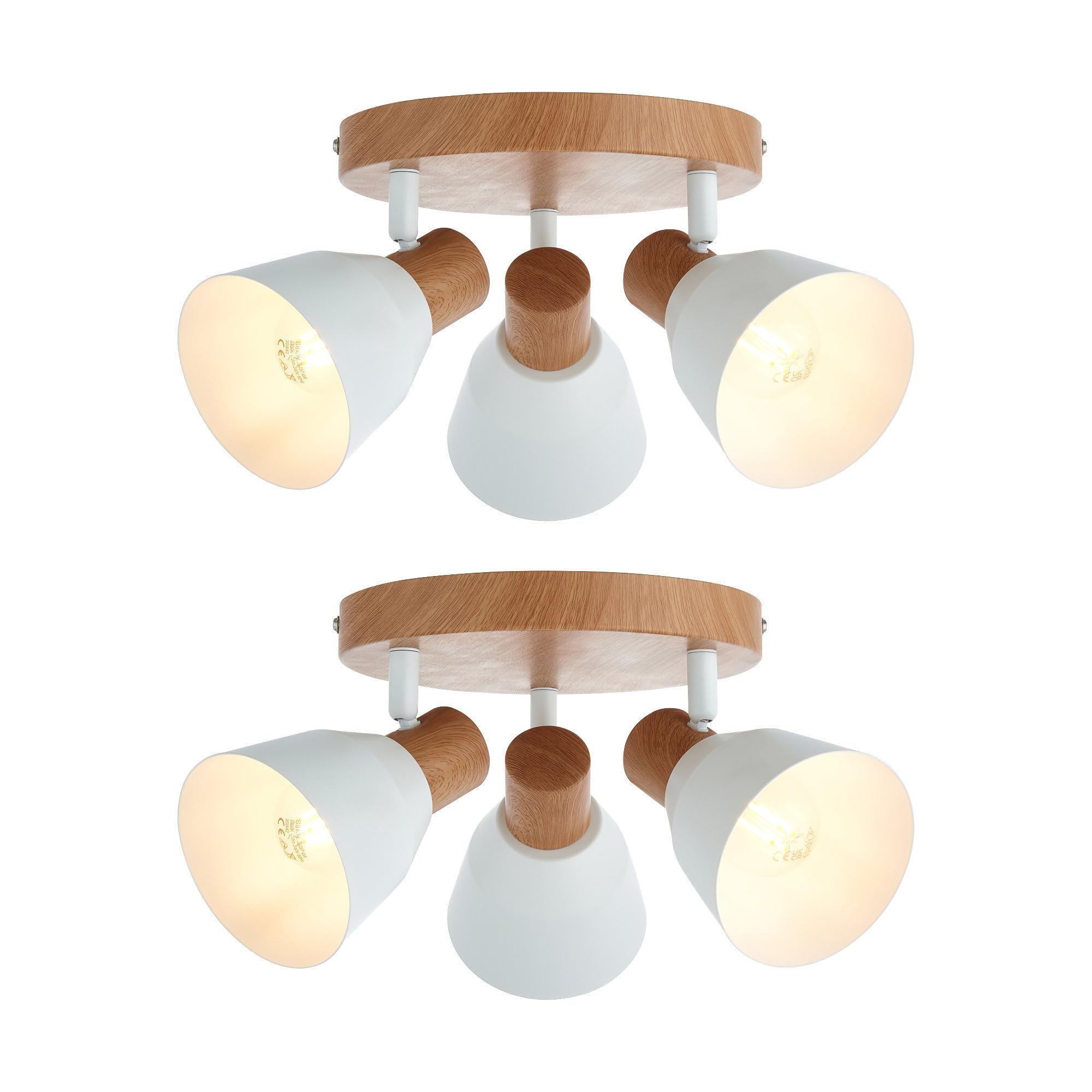 Set of 2 Lorel - Matt White & Wood Detail 3 Way Ceiling Spotlights