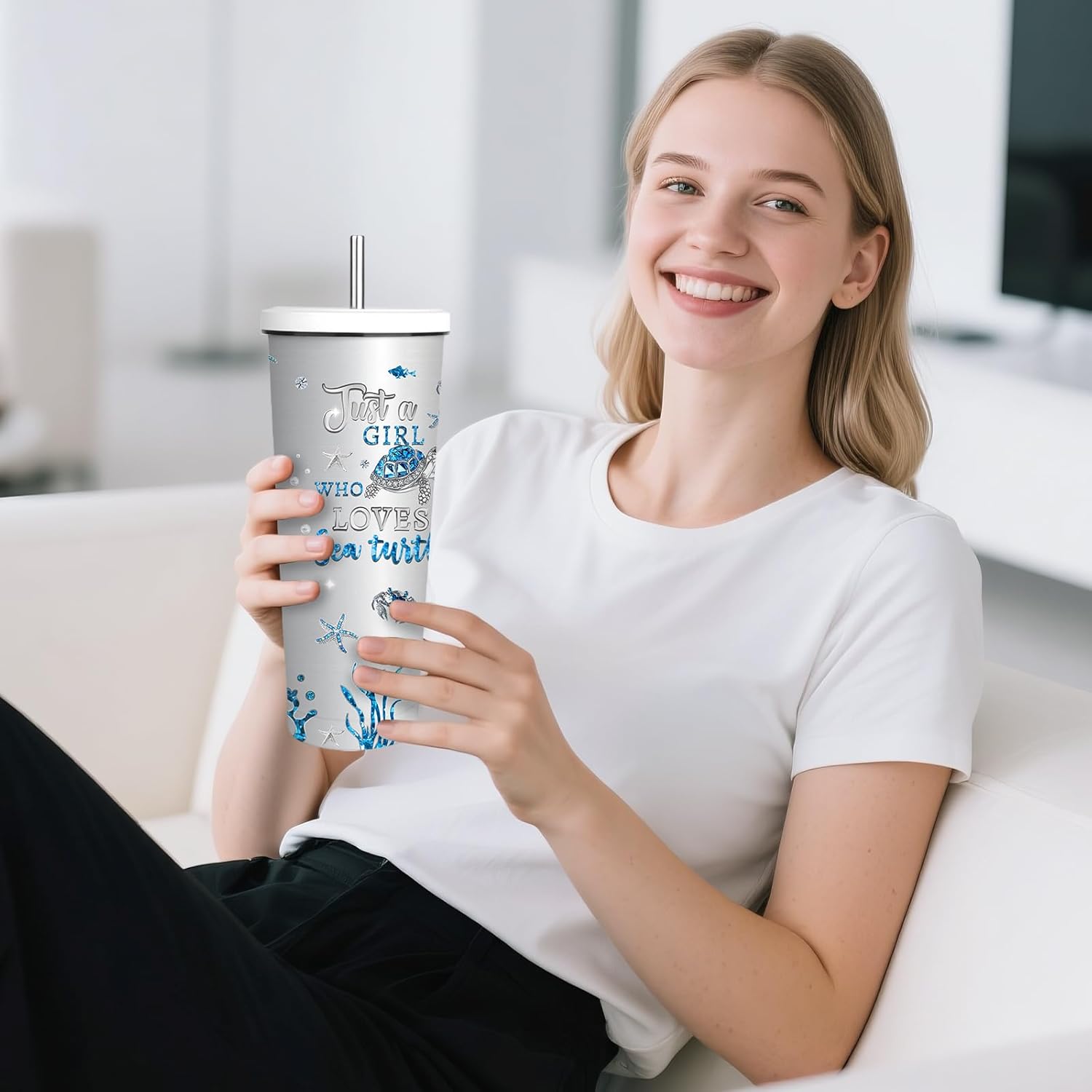 Sea Turtle Gifts, Valentines Day Gifts for Him Her, 24 oz Insulated Tumbler with Lid and Straw, Stainless Steel Water Bottle, Ocean Turtle Coffee Cups Travel Mug for Women Men (1PCS) - Image 6