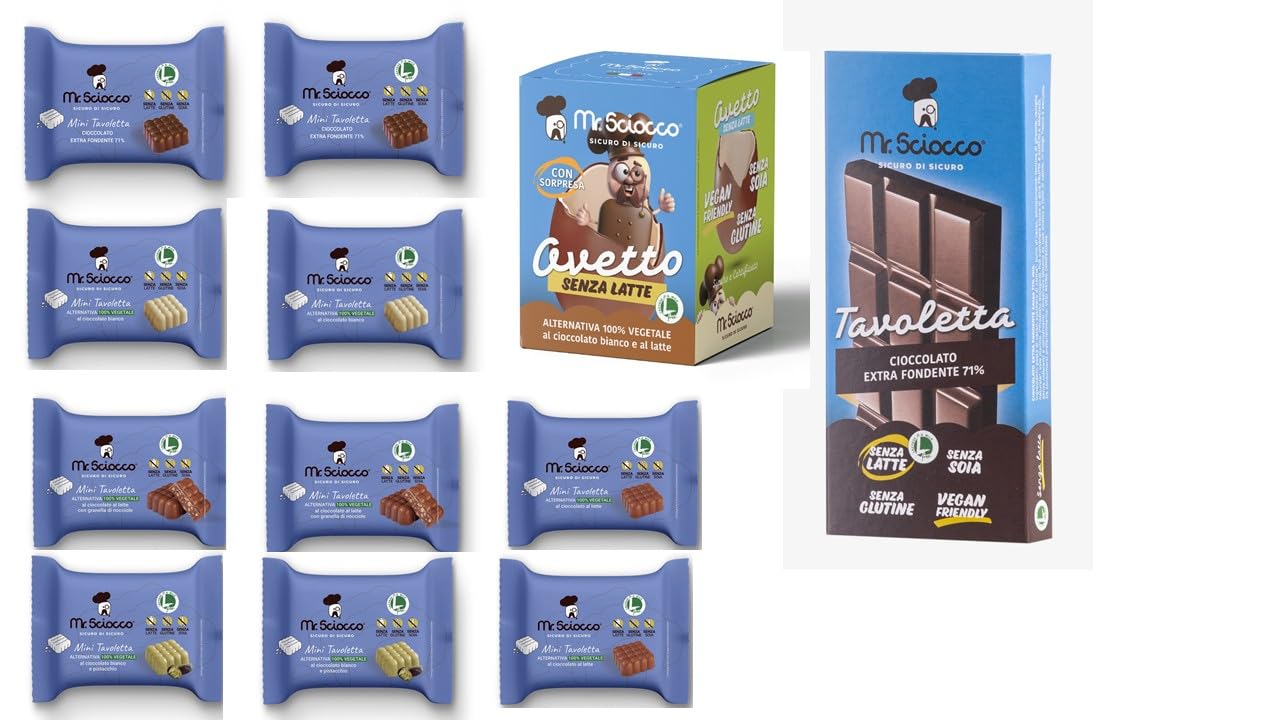 confezione regalo prodotti Mr.Sciocco TUTTI ALTERNATIVA 100% vegetale al cioccolato: tavolette latte, nocciola, bianco, pistacchio e fondente, ovetto e tavoletta Senza Glutine, Senza Latte e Lattosio