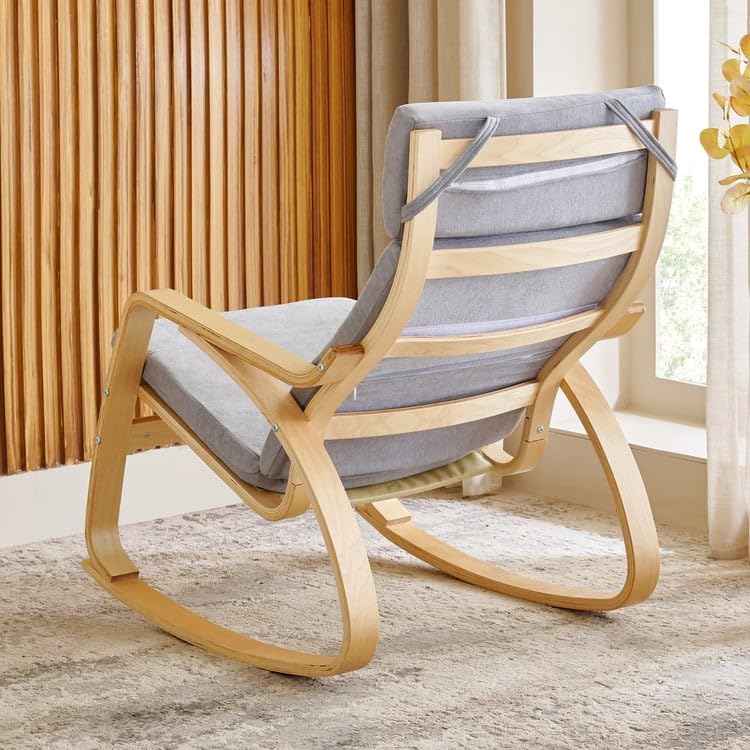 Image of Home Centre | Paulo Fabric Rocking Chair | Solid Wood | Grey | 1 Year Warranty