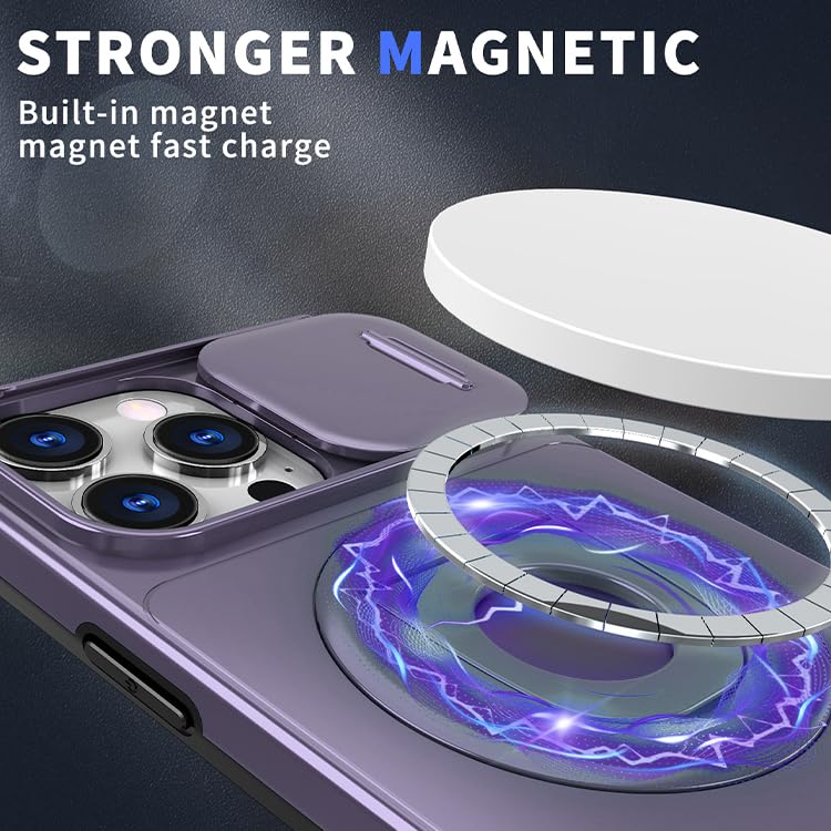 Image of LuxuryKase MagSafe Shockproof Rugged Back Case for iPhone 15 Pro Max | Finger Ring Kickstand & Sliding Camera Cover | Military Drop Protection | Wireless Charging Support - Purple