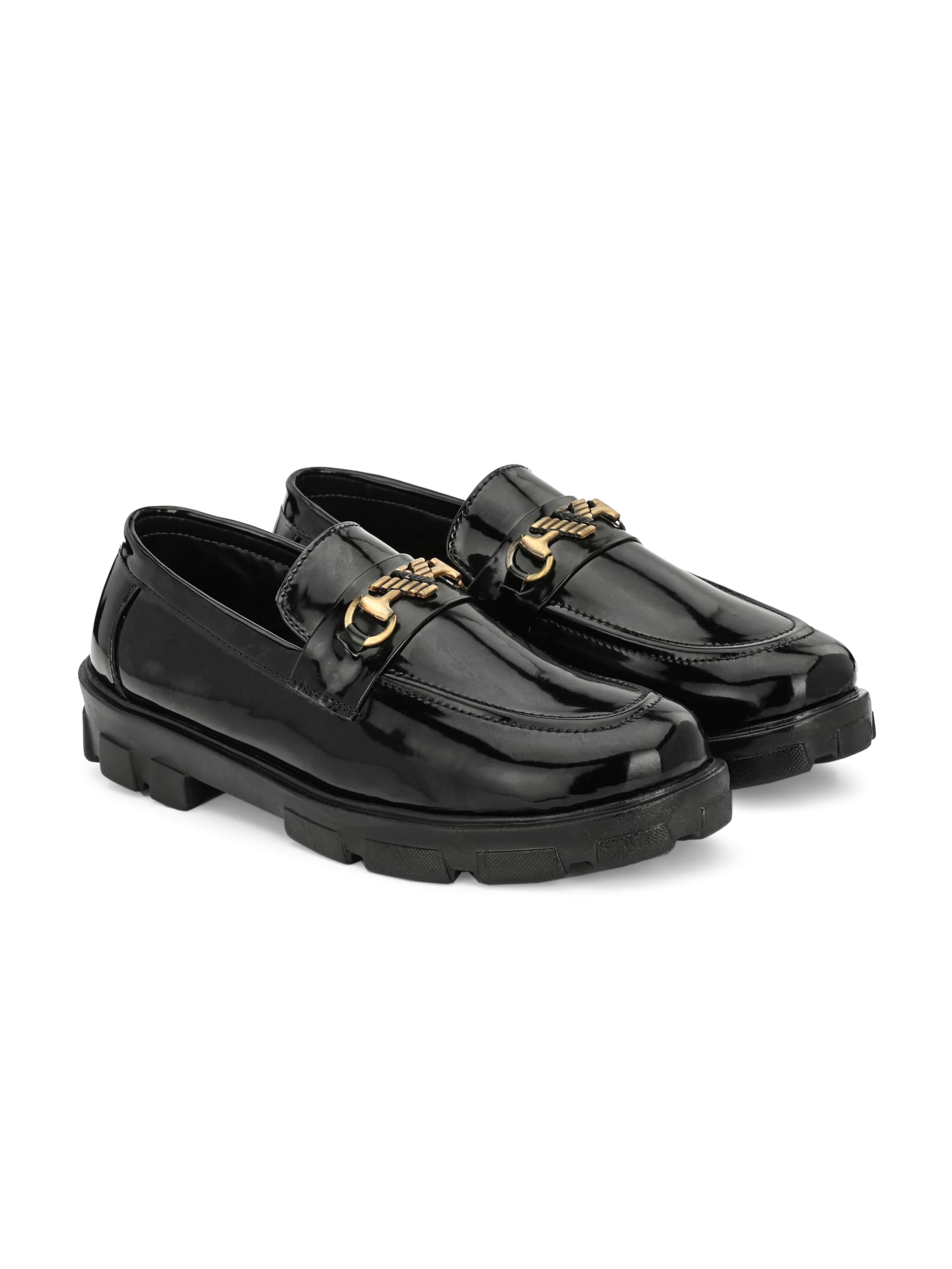 Shiny Synthetic Patent Leather Slip-On Loafers | Chunky TPR Sole Moccasins with Stylish Metallic Buckle | Trendy Comfortable Footwear for Parties, Office and Daily Use-image-15