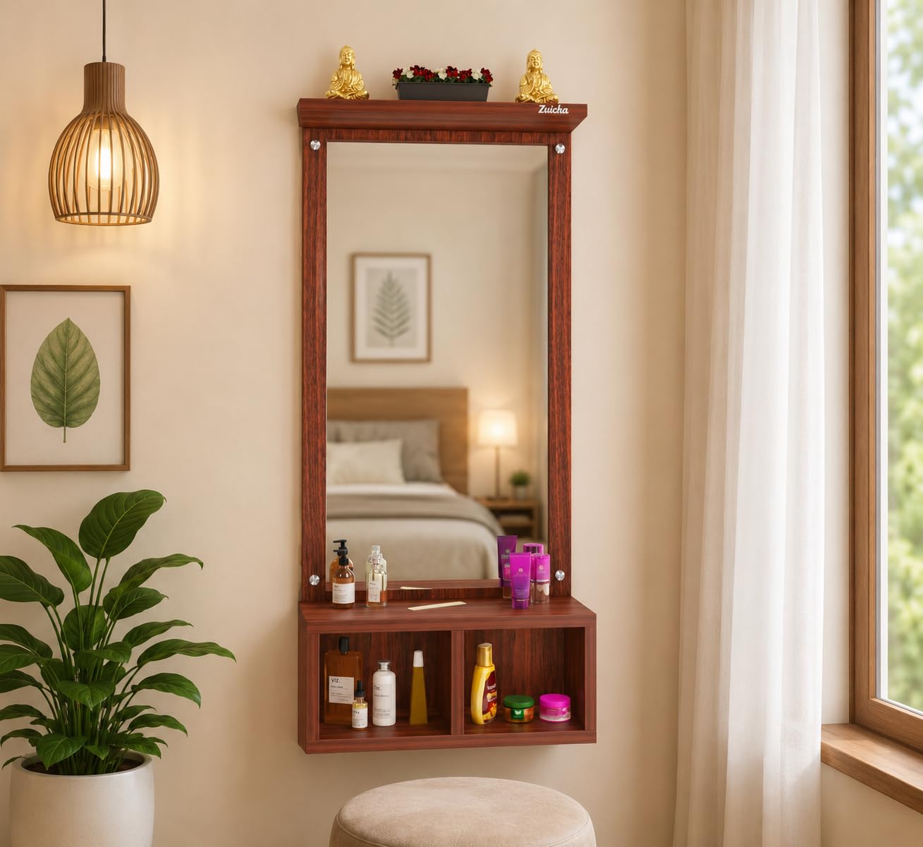 ZuickaEngineered Wood Frameless Rectangular Wall Mounted Dressing Mirror Table 2 Storage Box Shelf (Finish, Teak) II Bathroom Cabinet Organizer Accessories Decorative Unframed 75cm-image-30
