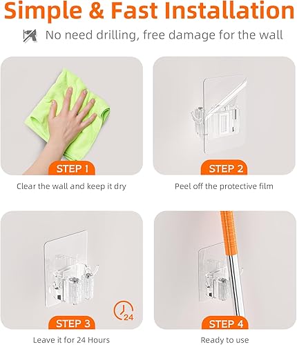 Miniatura 6 de Batur Soporte de pared para escoba, paquete de 4 soportes adhesivos para trapeador y escoba, soporte de pared, súper antideslizante, organizador de