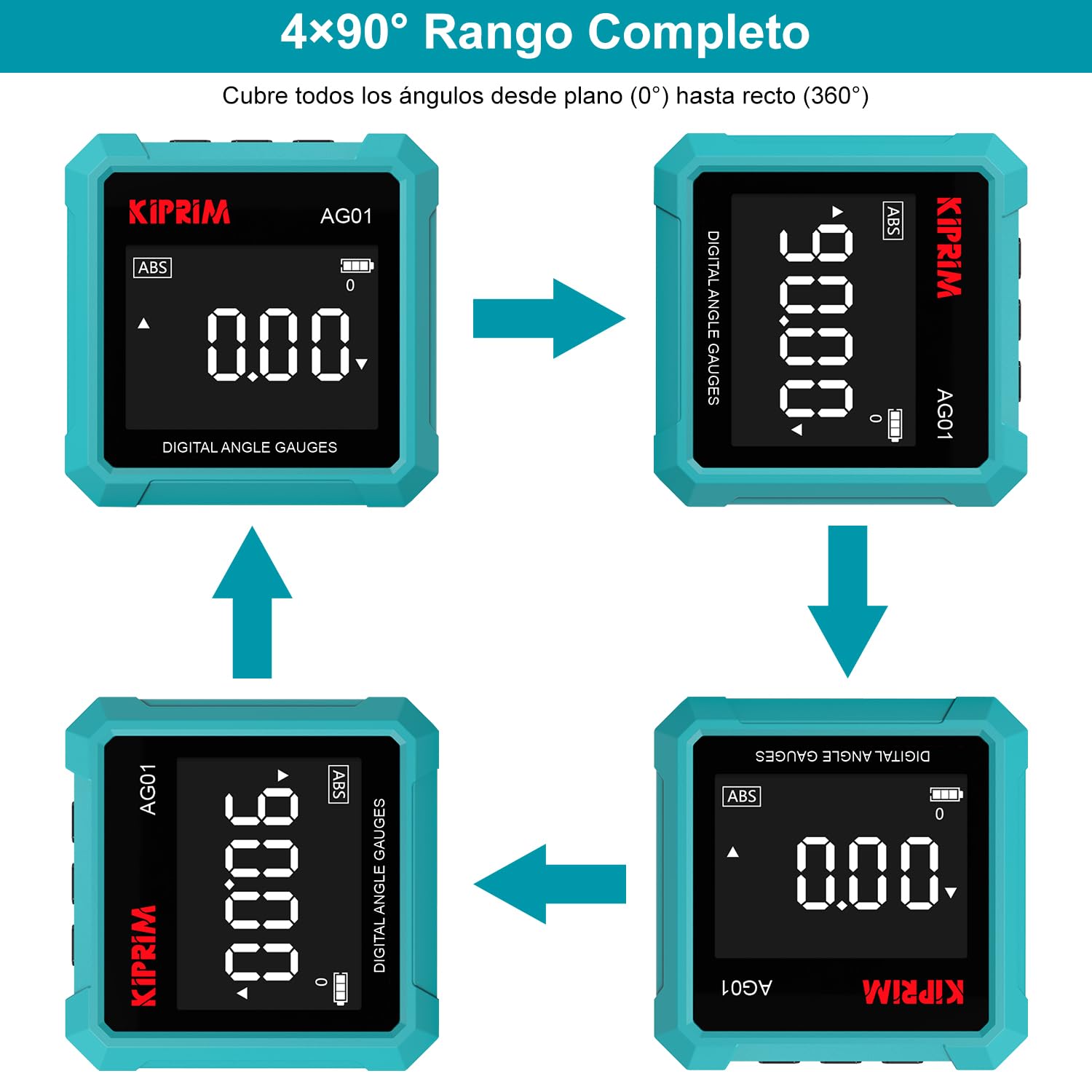 Kiprim Inclinómetro Digital 4x4 AG01 – Nivel Digital Magnética de 3 Lados, Retroiluminación LCD, Medición Absoluta/Relativa, Ideal para Trabajos de Madera, Construcción & Bricolaje