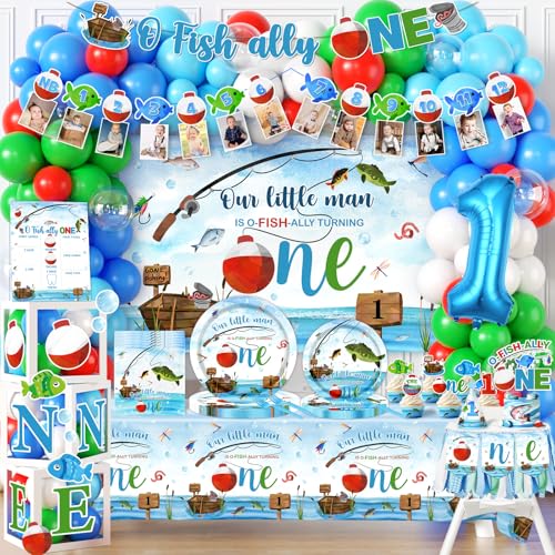 241Pcs Ofishally One Birthday Decorations O Fishally One First Birthday Decorations for Boy Our Little Man Is Ofishally Turning Theme Tableware Photo Banner Balloon Arch Backdrop Cake Topper