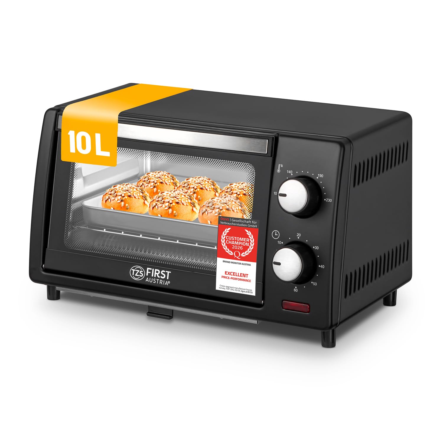 TZS First Austria Mini Oven 10L 800W - Mini oven with temperature regulation up to 230°C - With 60 min timer, 2 insertion heights, tray and grill - For small kitchens and camping