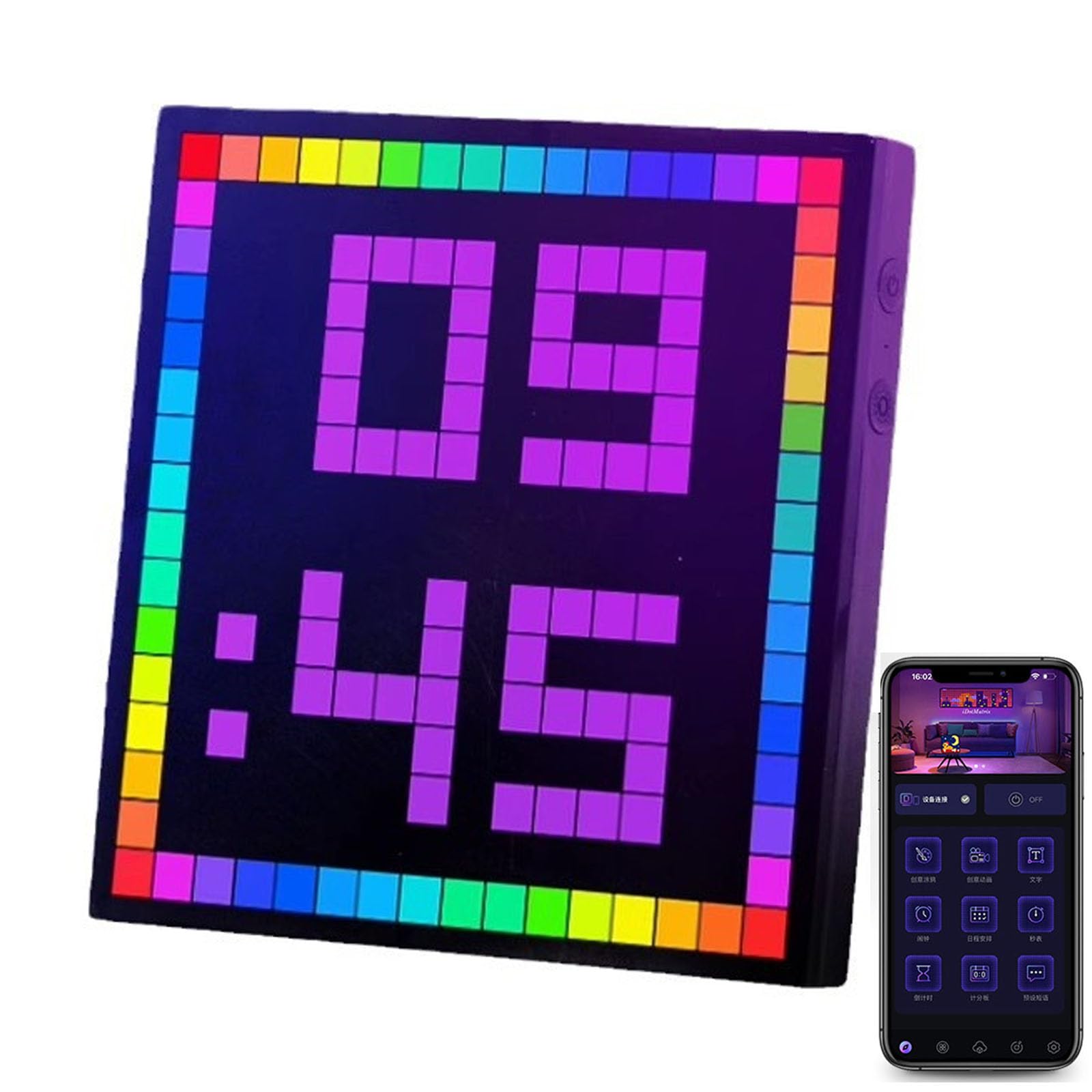 Pixel Art Display, 16 * 16/32 * 32 Relojes de Día con Calendario Digital con Pantalla Grande, Reloj Inteligente LED Preciso con Recordatorio de Eventos, Fecha, Graffiti y Brillo Ajustable 32 * 32