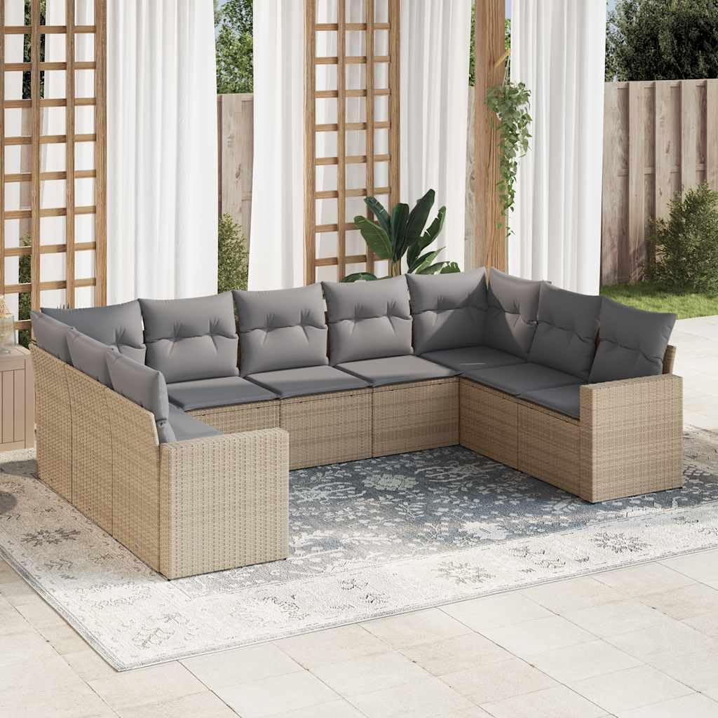 Juego de sofá de jardín de 9 piezas con cojín, poliratán beige, sofá modular para exteriores con almacenamiento y bolsillo repelente al agua, tapicería cómoda, fundas desmontables,