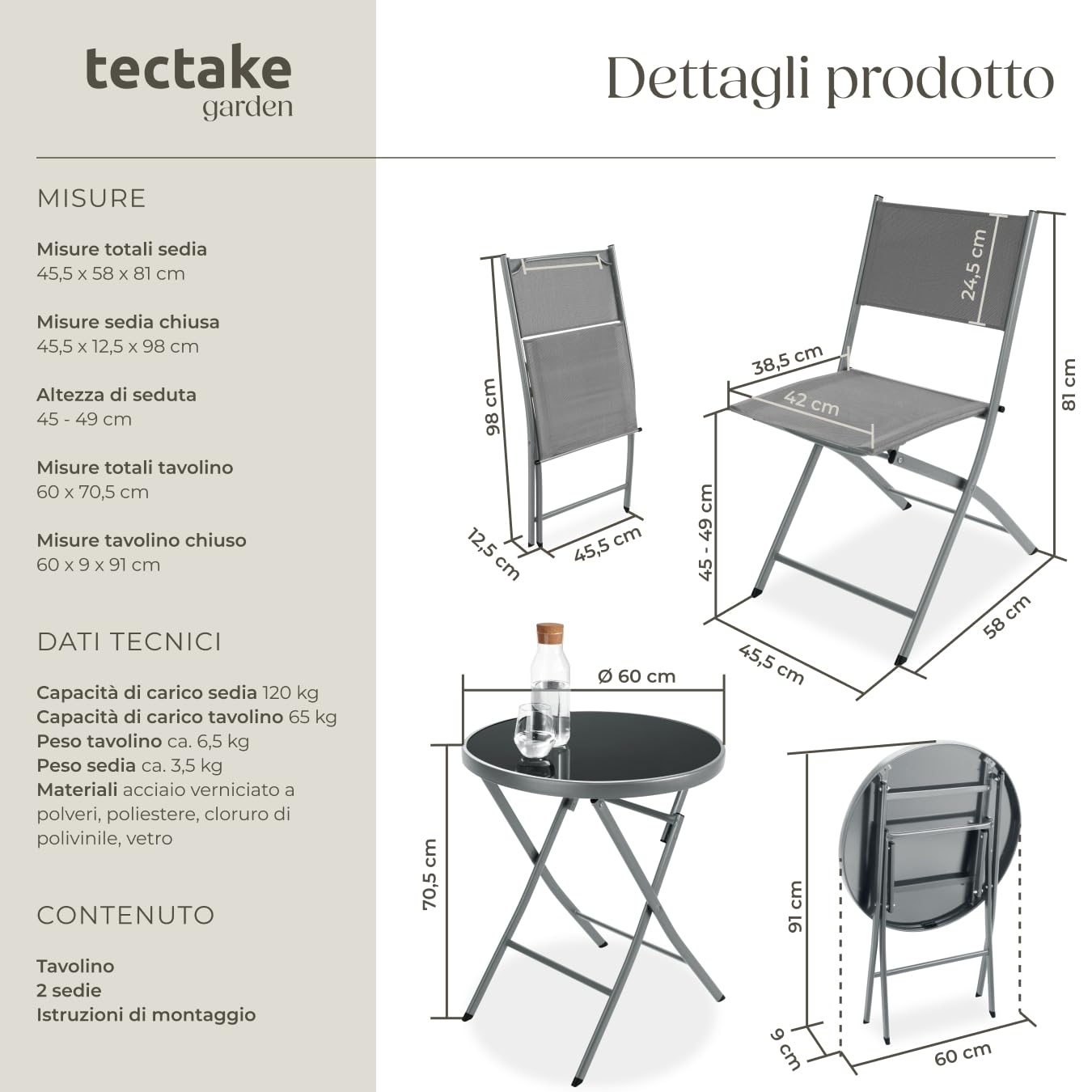 Set da Balcone Düsseldorf Tavolino Salotto con Piano in Vetro e 2 Sedie Mobili da Giardino con Telaio in Acciaio Richiudibile Trasportabile Design Moderno Grigio