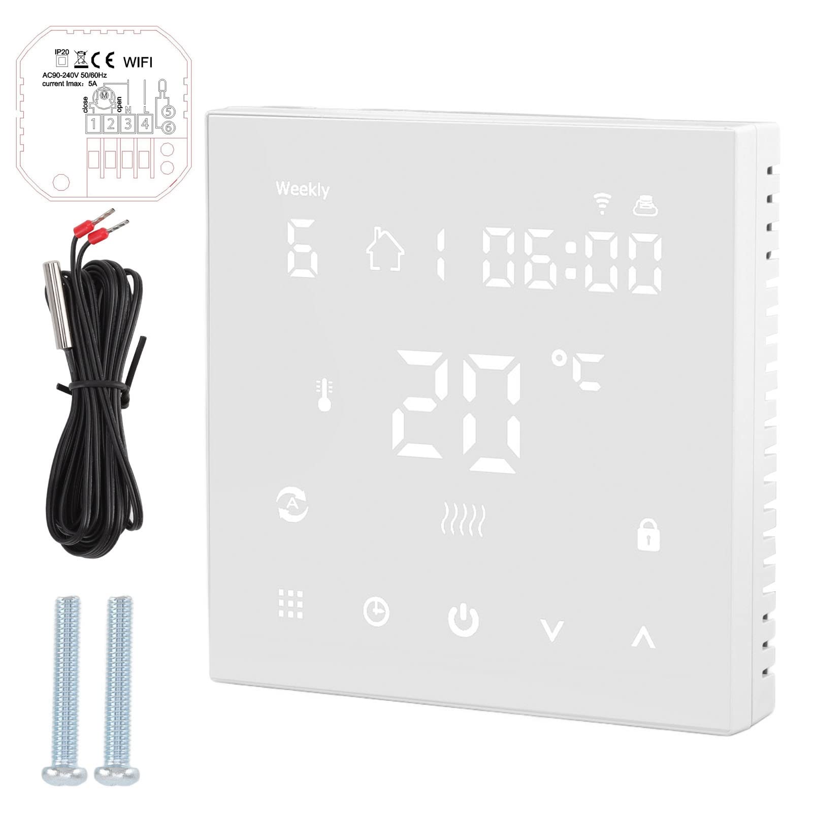 Termostato WiFi digitale con schermo touch, controllo vocale tramite app, termostato intelligente con autocalibrazione per riscaldamento a pavimento.