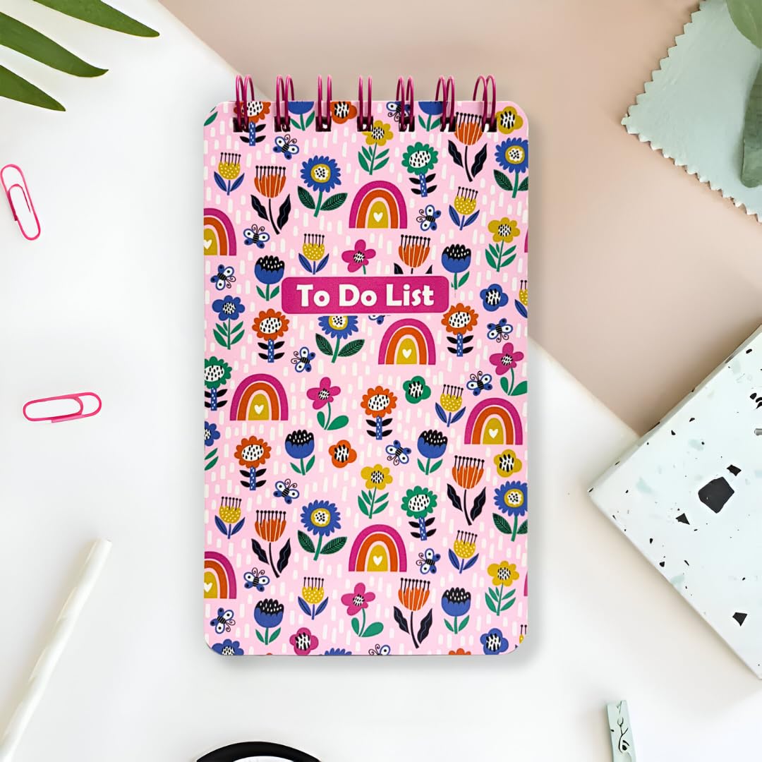 Tot Tales To-Do List Set of 2 Size (17 x 10 cm) 192 Ruled Pages, 80 GSM Spiral Bound Notebooks for Daily Tasks, Checklists - Floral Rainbow Set of 2 3