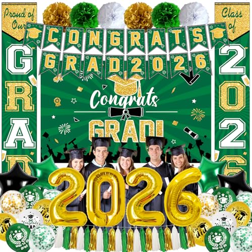 Ouddy Life Graduation Decorations Class of 2026 Green and Gold Graduation Decoration 61Pcs with Congrats Grad Backdrop Banner Porch Sign Balloons for Graduation Party Supplies College Campus Decor