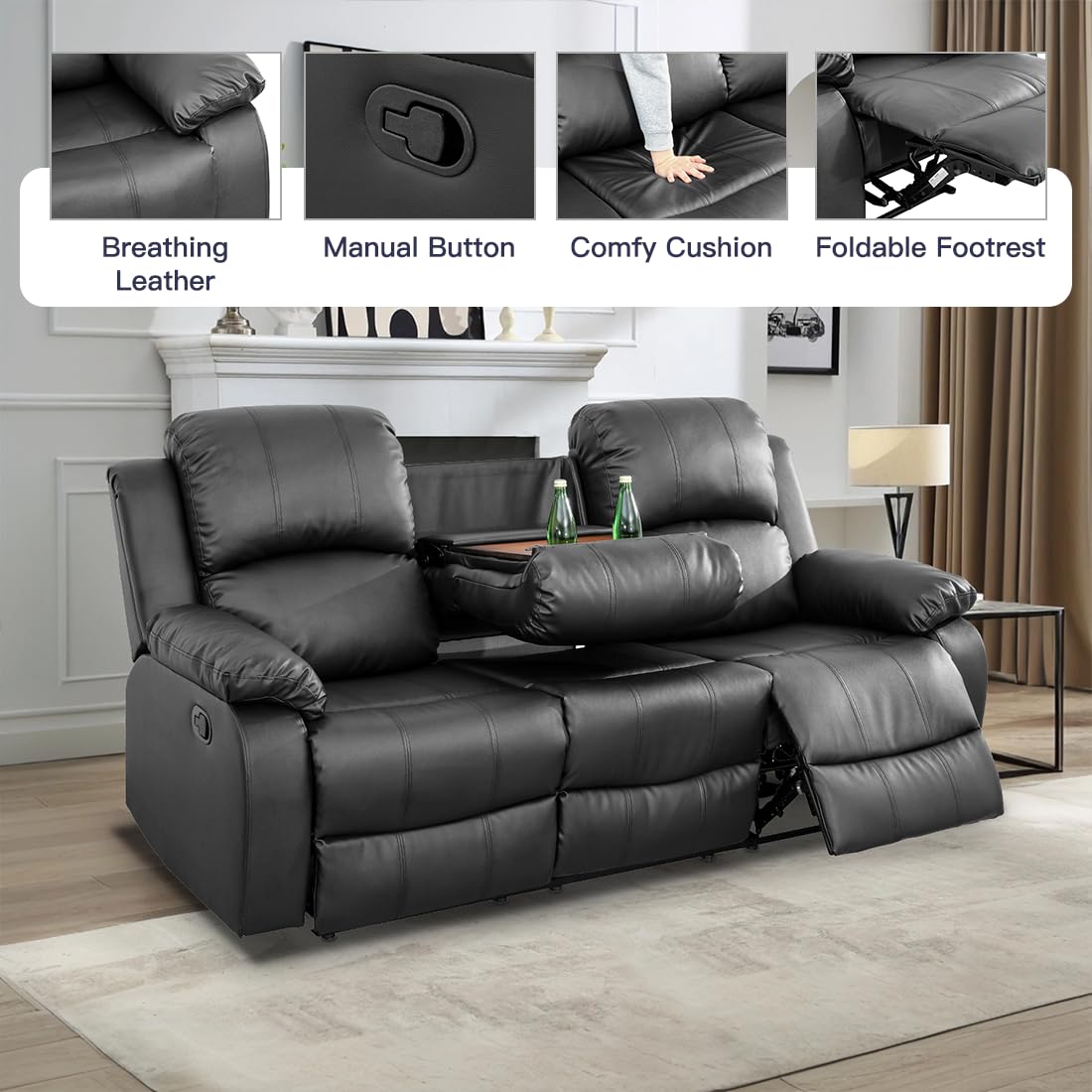 Toseslo Living Room Furniture Set, Manual Reclining Sofa Set,Black Leather Recliner Couch Sets with Drop-Down Table, Recliner Sofa with Storage Console/Cup Holder for Living Room/Apartment view 4