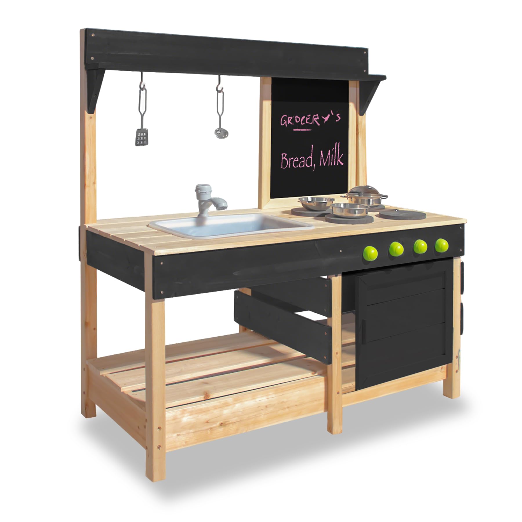 Mud Kitchen Playset for, Outdoor Wooden Toy Play Kitchen Set for Boys and Girls, Kitchen Accessories and Garden Sink with Faucet, Blackboard (Black2)