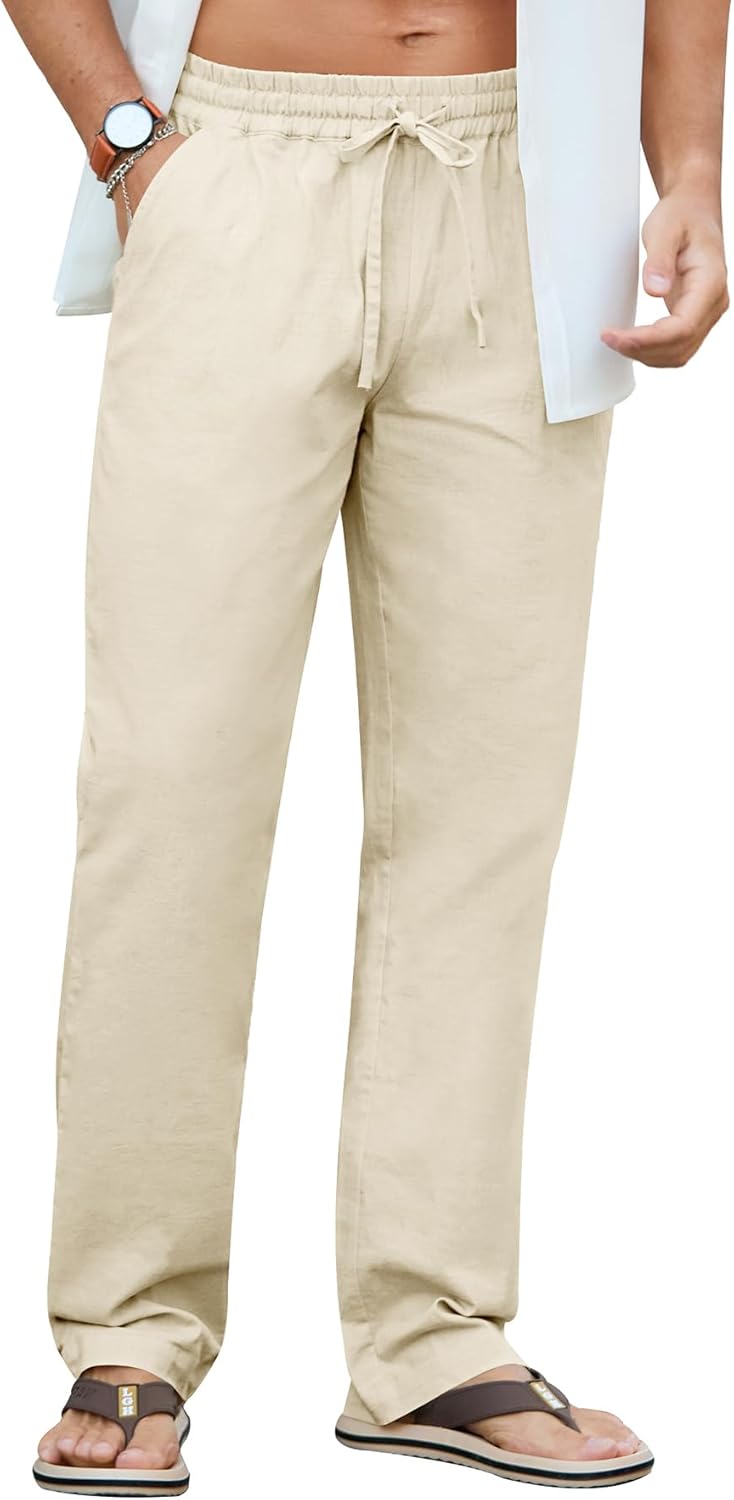 NITAGUT Mens Linen Pants Casual Elastic Waist Drawstring Lightweight Summer Beach Trousers with Pockets - Image 2