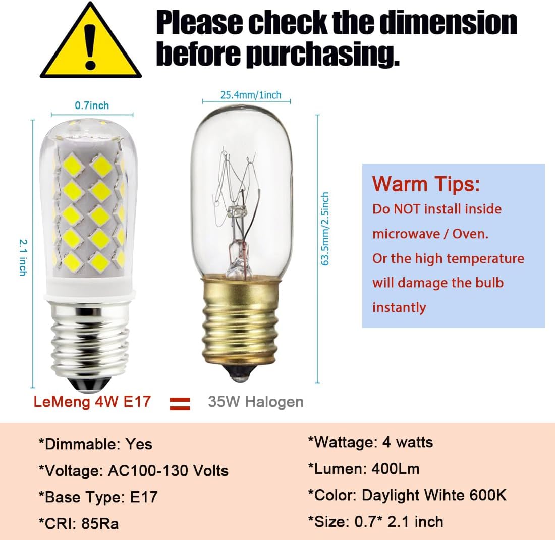Dimmable E17 LED Ceiling Fan Light Bulb 4W, 40W Halogen Equivalent,120V E17 Intermediate Base for Desk Reading Lamp,Appliance Range Hood Cabinet Chandelier Lighting,6000K Daylight White,3 Pack