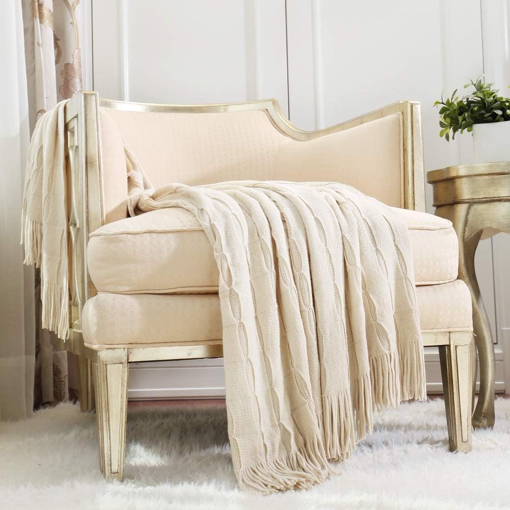 CREVENT Home Decor Rustic Couch Sofa Chair Bed Throw Blanket, Soft Warm Cozy Light Weight for Travelling, Giftable for Christmas(127cmX152cm Beige/Ivory)
