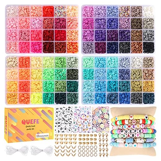 QUEFE 9600 peças 96 cores contas de argila para kit de fabricação de pulseiras, espaçador contas heishi planas redondas de argila de polímero com contas de letras sorridentes cordas elásticas para colar de joias, presente de artesanato de Natal