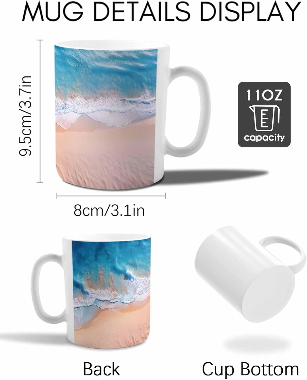 BEMIGO Ceramic Coffee Mug Beach Sea Wave Ceramic Mug White Cup, Blue Summer Sunshine Insulated Coffee Cup with Handle with Pattern Perfect for Tea and Hot Beverages, 12oz