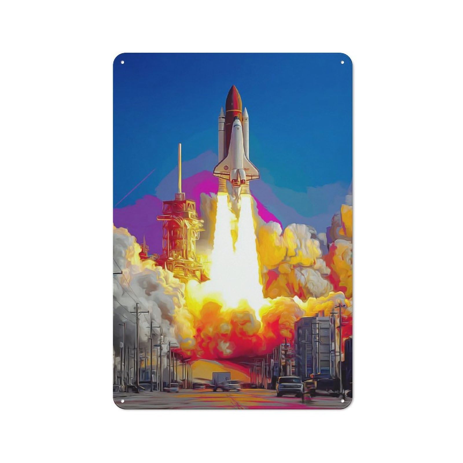 Junmoney Rocket Launch In Urban Setting Retro Tin Sign 30X20cm Featuring For Kitchen Or Home Bar, A Decorative Metal Sign For Dining Areas And Home Bars