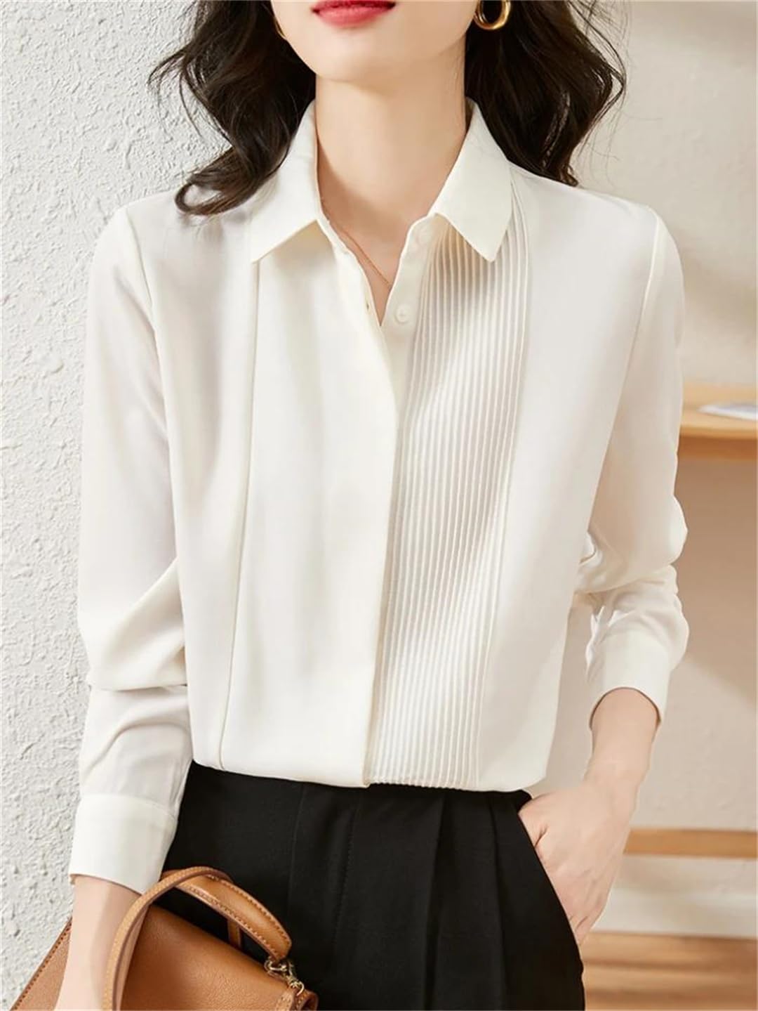 Camicia da donna con risvolto bianco plissettato primavera manica lunga formale base ufficio top