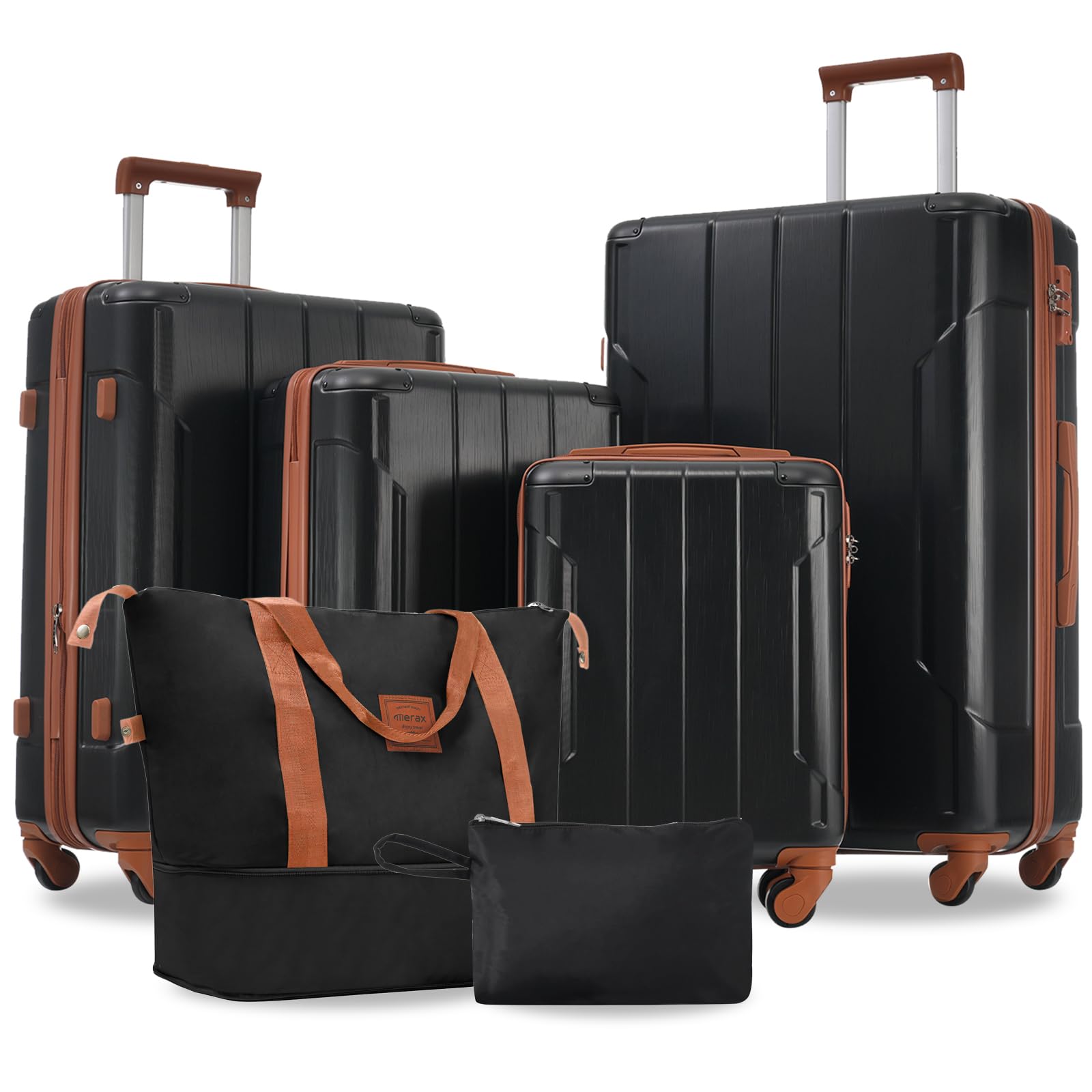 MeraxLuggage Set 6 Piece Expandable Lightweight ABS Hardshell Suitcases with Wheels, Corner Guards (Black Brown, 6 piece set)