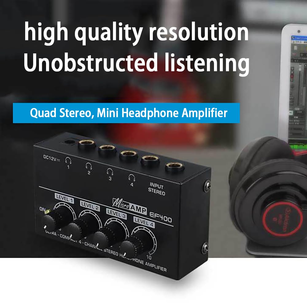 Ampli Casque,Amplificateur pour Casque d'Écoute,Répartiteur d'Écouteurs,l'Alimentation 12v,Haute Résolution Sonore,Prises d'Entrée Et De Sortie De 6,5 Mm,pour Les Concerts, Les Cours, La Guitare,Etc.