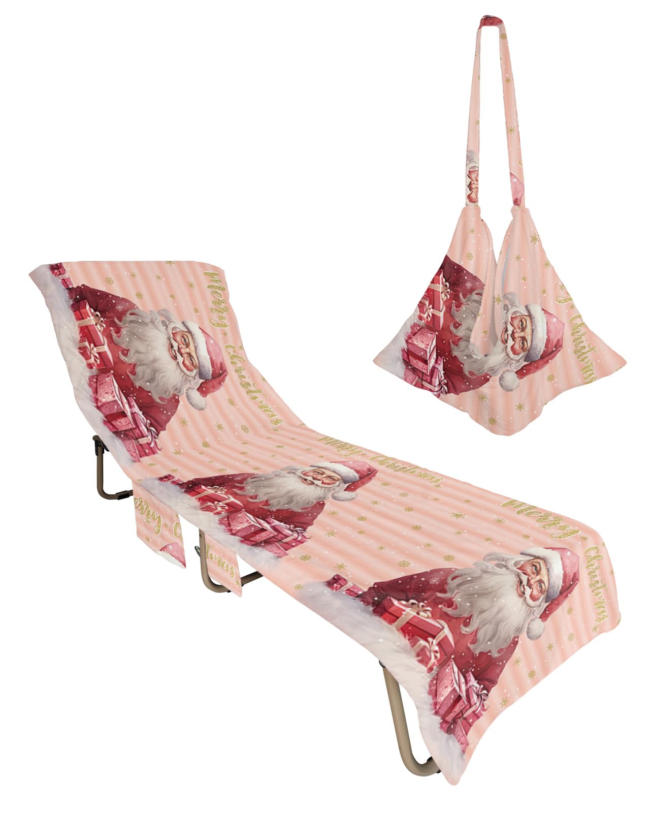 Pink Santa Christmas Beach Lounge Chair Towel Cover, Soft Chaise Lounge Towel with Side Pockets Patio Pool Chairs Cover for Beach/Pool Sunbathing 29x85 Xmas Tree Gifts Winter Snowflake