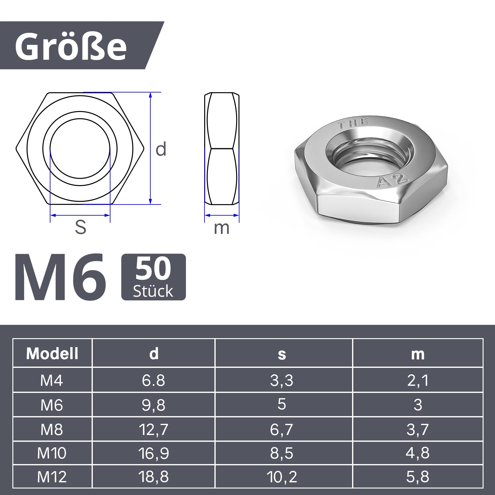ORTAVA Dadi Esagonali M6 Bassi con Smusso - 50 Pezzi DIN 439/ISO 4035 in Acciaio Inox A2 V2A per Viti, Bulloni Filettati, Mobili, Macchine