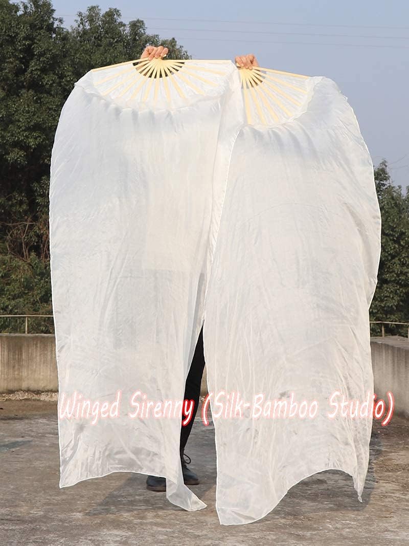 Winged Sirenny Belly Dance Silk Fan Veils Adjustable Pairs, 70"(180 cm) Worship Praise Flags Streamers(white) - Image 5