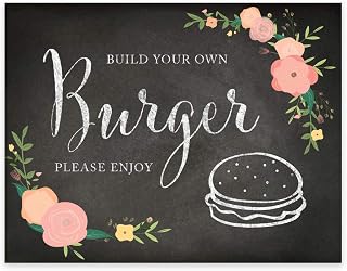 Andaz Press Wedding Party Signs, Chalkboard Pink Coral Floral Roses Print, 8.5x11-inch, Build Your Own Burger Bar Please Enjoy Reception Dessert Table Sign, 1-Pack