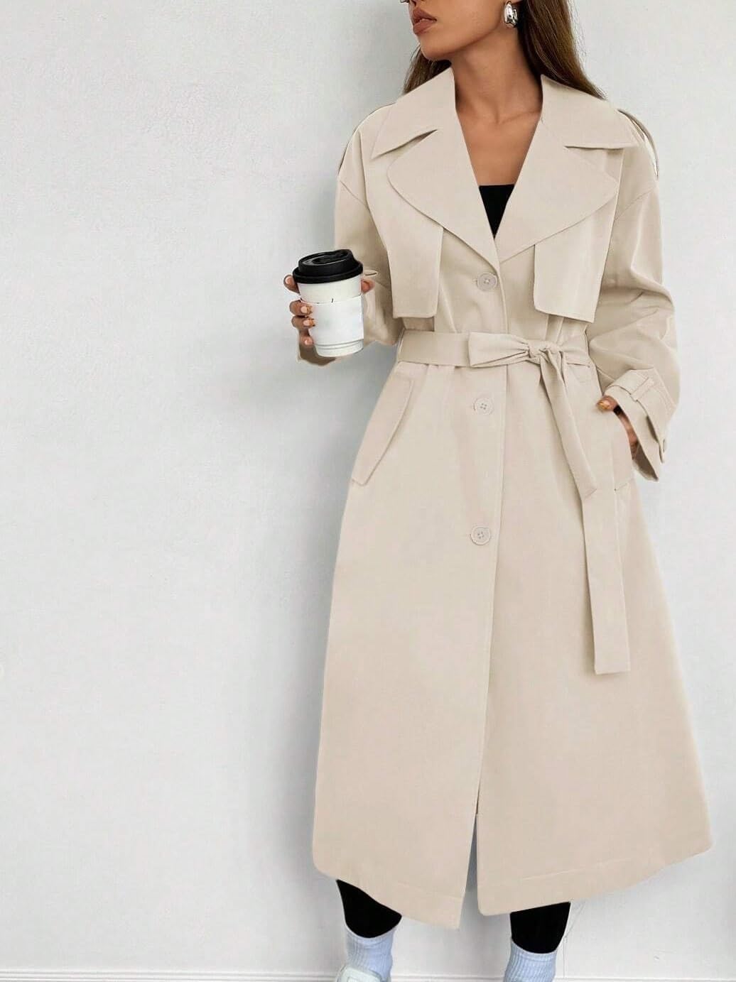 Pocket Front Button Tie Waist Long Sleeve Trench Coat In Fall Winter Women's Fashion Winter Warm Coats