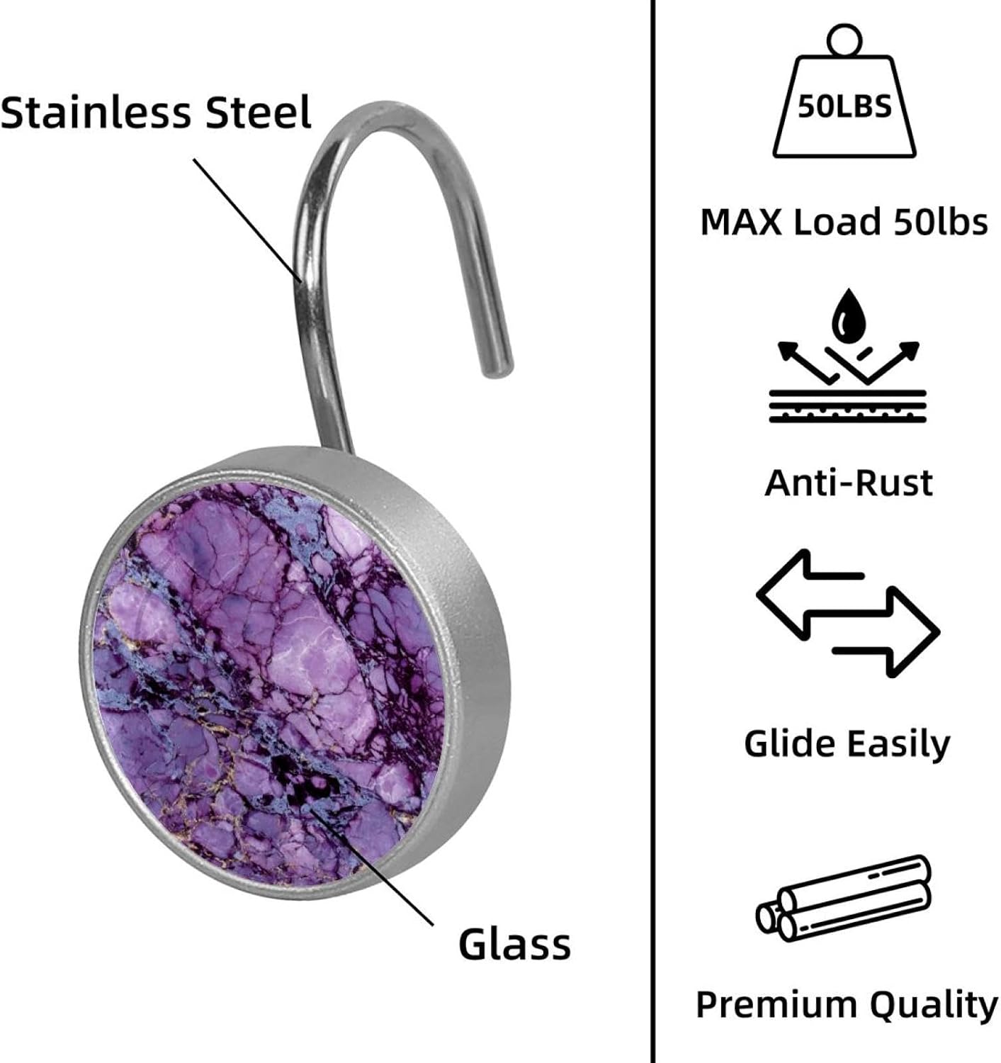 Purple Marble Shower Curtain Hooks, Rustproof Shower Curtain Rings for Bathroom, Stainless Steel Shower Hooks for Shower Curtain Rod, Decorative Shower Curtain Hangers Set of 12