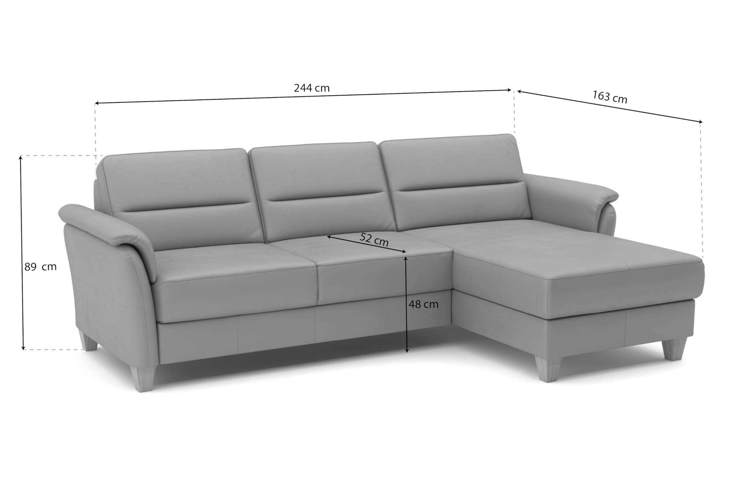 CAVADORE Leder-Eckcouch Palera mit Longchair / Landhaus-Sofa mit Federkern + massiven Holzfüßen / 244 x 89 x 163 / Leder Schwarz