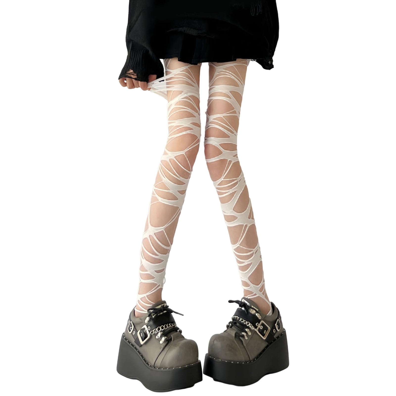 Yokawe Unisex White Punk Pantyhose Ripped Stockings Women Hollow Out Irregular Gothic Holes Nightclub Party Skinny Elastic Solid